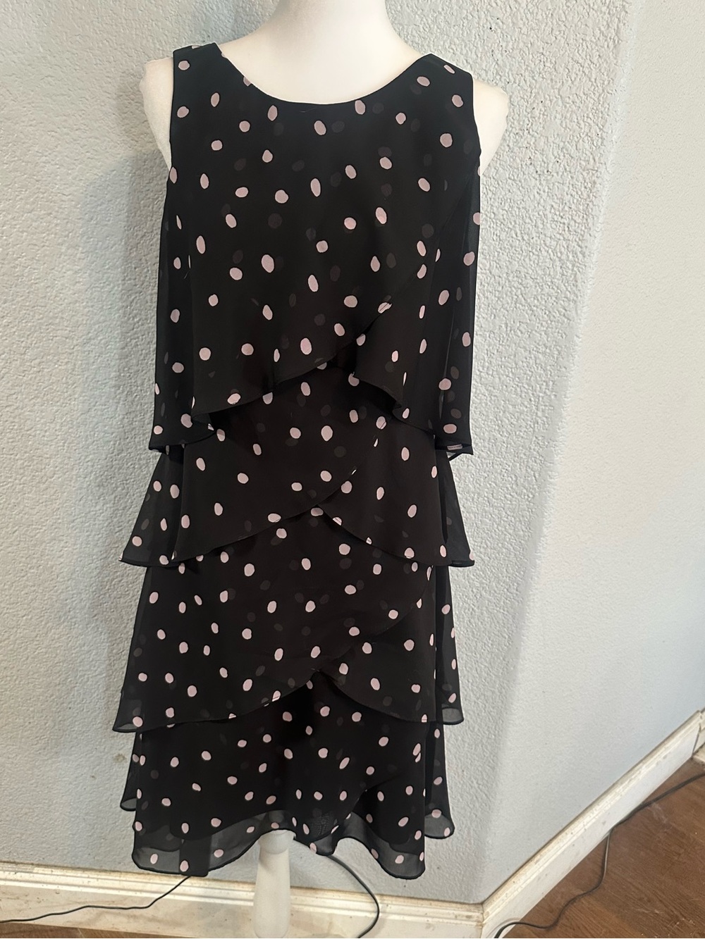 Cute SLNY Black Tiered Dress with Lavender Polka Dots